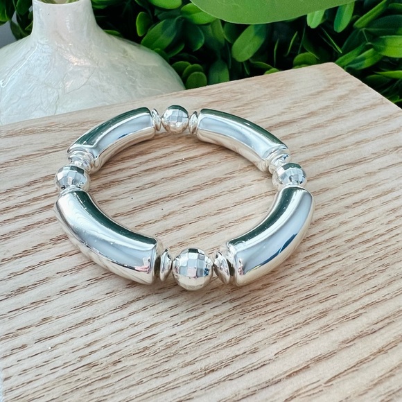 Jewelry - New Silver Tone Disco Ball Beaded Bracelet | Lightweight | Stretchy | Chunky